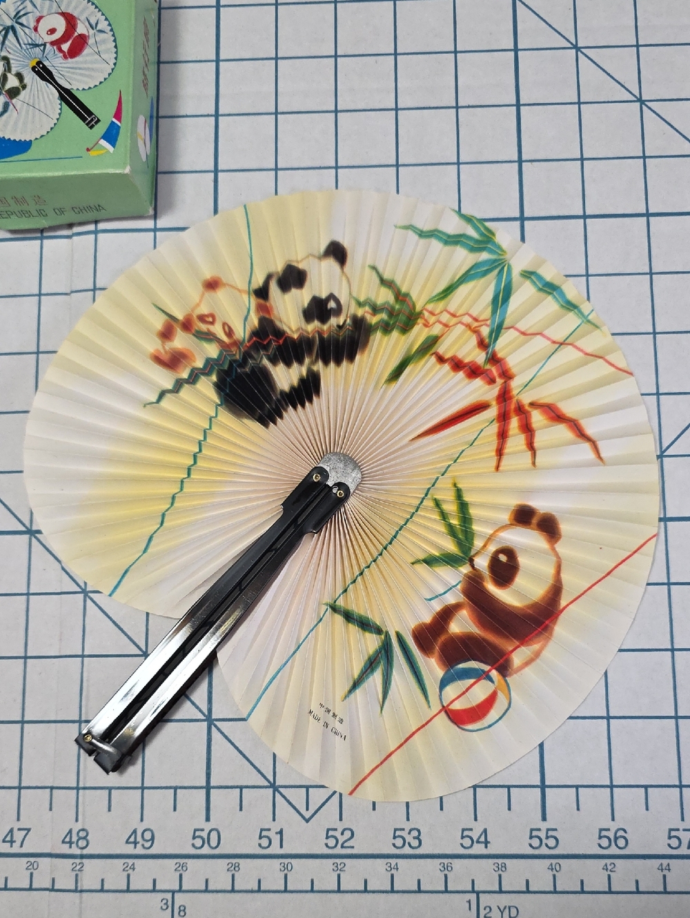 Chinese Paper Folding Hand Fan W/Metal Handle, VTG Mid-Century, #58
